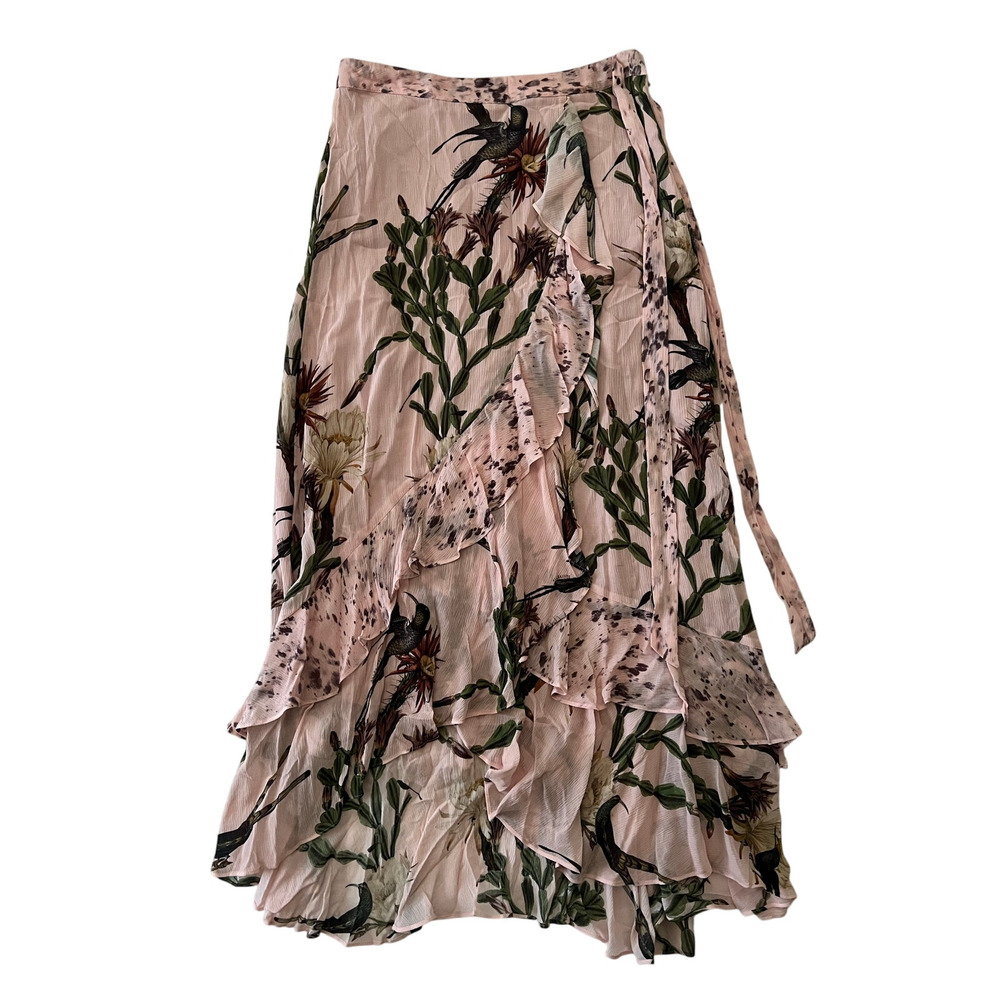 All Saints Floral Wrap Midi Skirt in Blush and Green